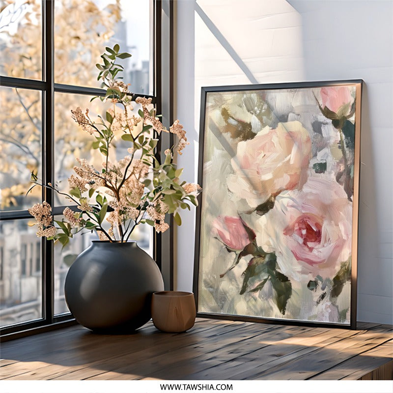 Pink Roses Wall Art, Floral Painting Print, Botanical Art Decor, Flower Still Life Artwork, Elegant Home Decor - Tawshia