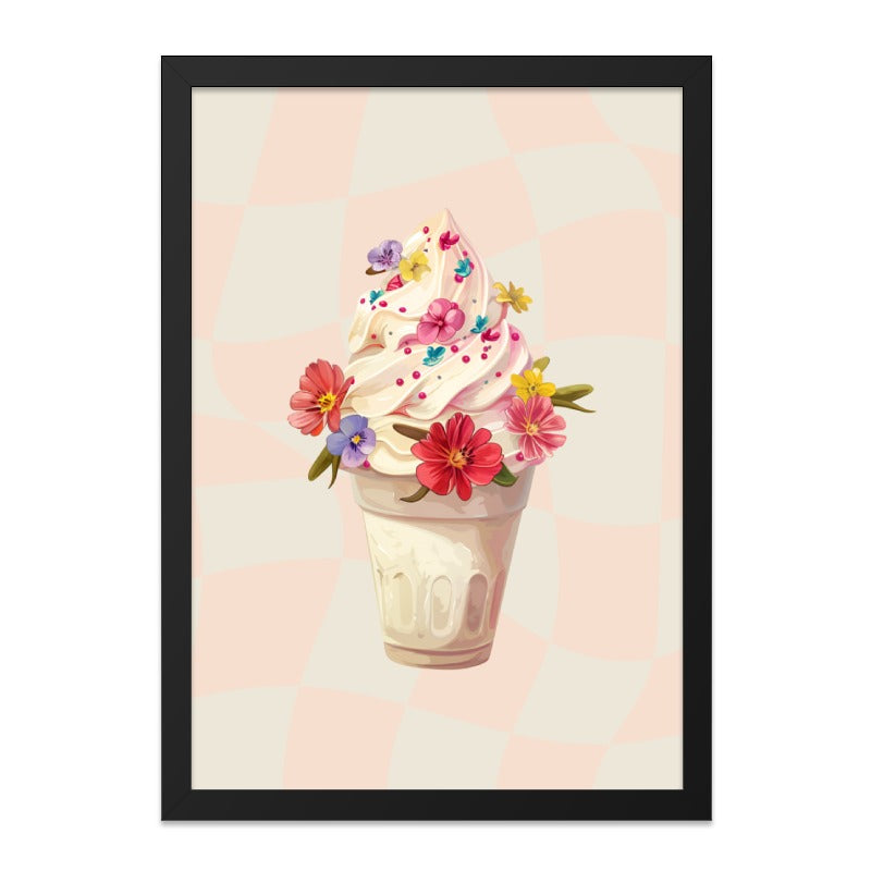Floral Ice Cream Framed Wall Art, Sweet Treat Print, Foodie Decor, Kitchen Art, Dessert Lover Gift, Black Frame Artwork, Home Decor - Tawshia