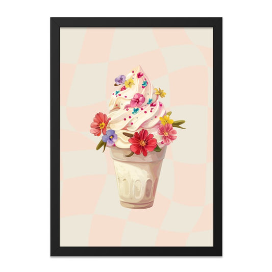 Floral Ice Cream Framed Wall Art, Sweet Treat Print, Foodie Decor, Kitchen Art, Dessert Lover Gift, Black Frame Artwork, Home Decor - Tawshia