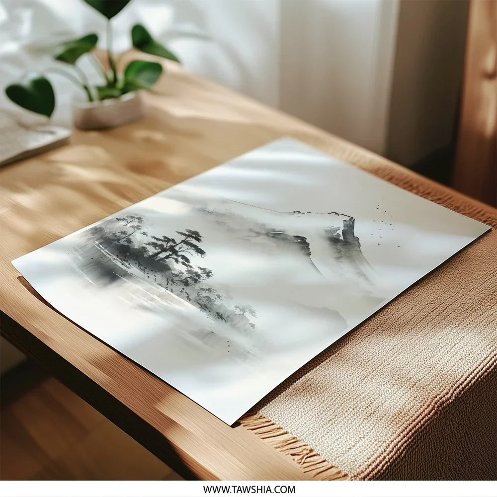 Mountain Photographic Print, Japanese Ink Art Print, Landscape Wall Art, Zen Decor, Asian Art, Minimalist Art, Nature Photography - Tawshia