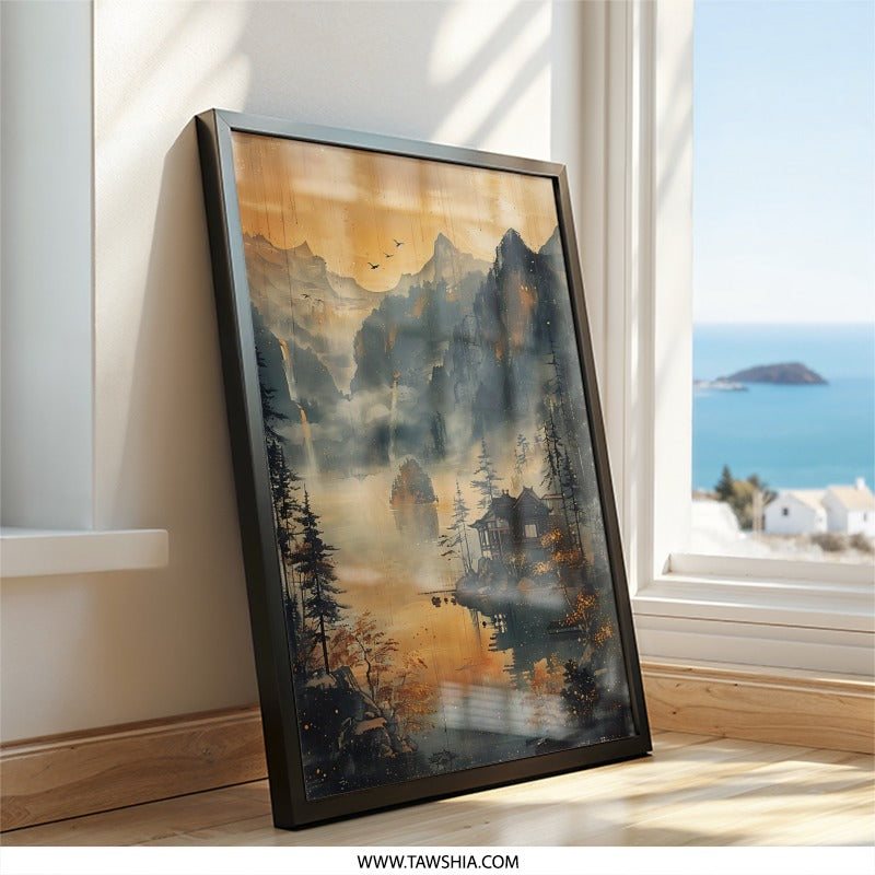 Japanese Landscape Wall Art, Oriental Zen Art, Mountain Lake Print, Asian Home Decor, Nature Inspired Artwork, Housewarming Gift Idea - Tawshia
