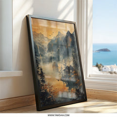 Japanese Landscape Wall Art, Oriental Zen Art, Mountain Lake Print, Asian Home Decor, Nature Inspired Artwork, Housewarming Gift Idea - Tawshia
