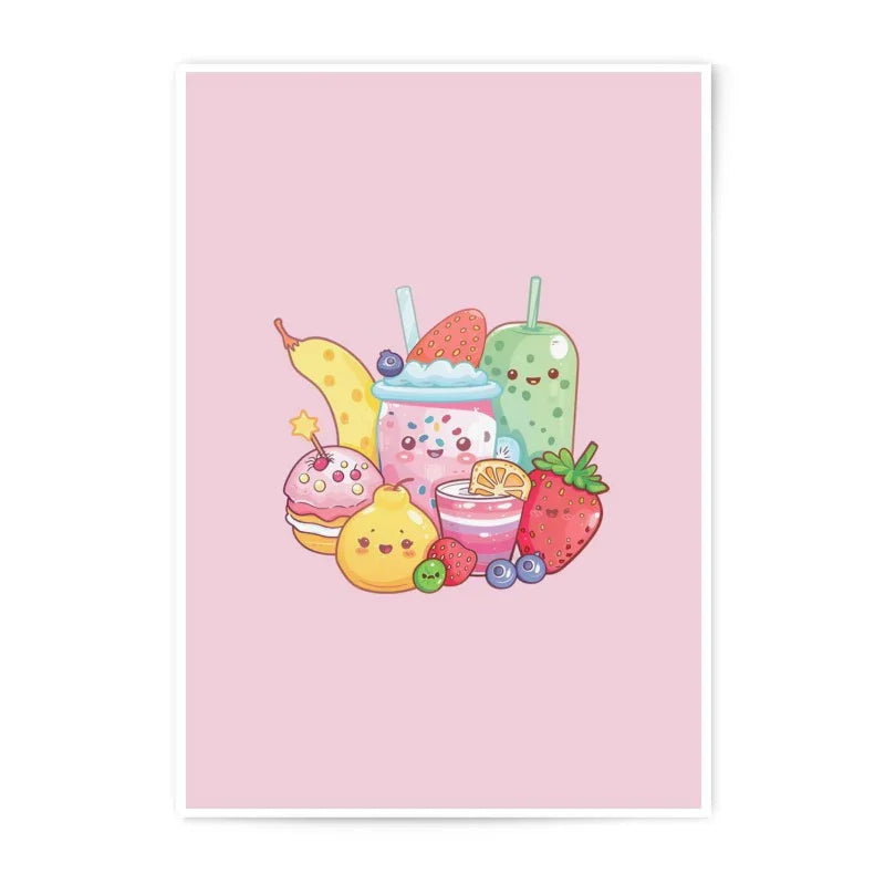 Cute Food Photographic Print, Kawaii Fruit Art, Cartoon Dessert Illustration, Pastel Pink Decor, Whimsical Kitchen Art - Tawshia