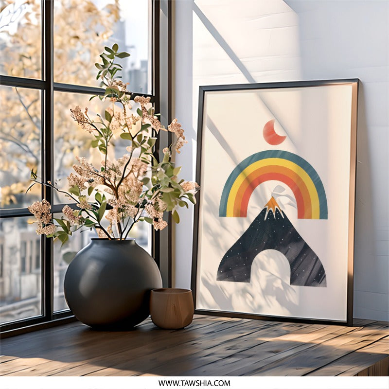 Minimalist Mountain Wall Art, Boho Rainbow Print, Abstract Landscape Poster, Modern Home Decor, Geometric Art Print - Tawshia