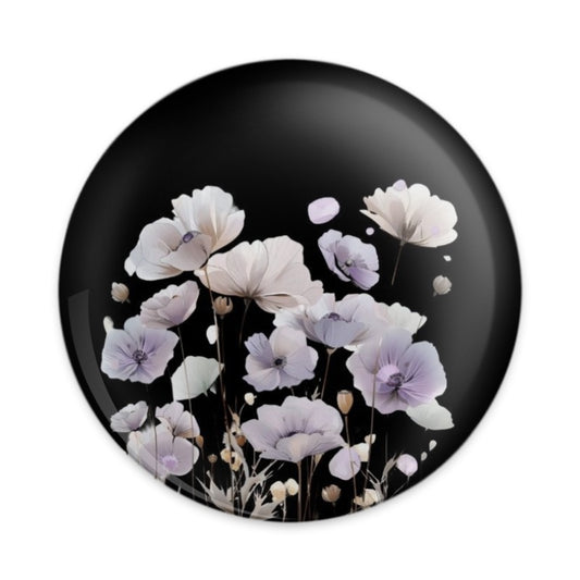 Floral Pinback Button, White Flowers, Black Background, Aesthetic Button, Elegant Pin, Gift Idea, Flower Lover Gift, Trendy Button - Tawshia
