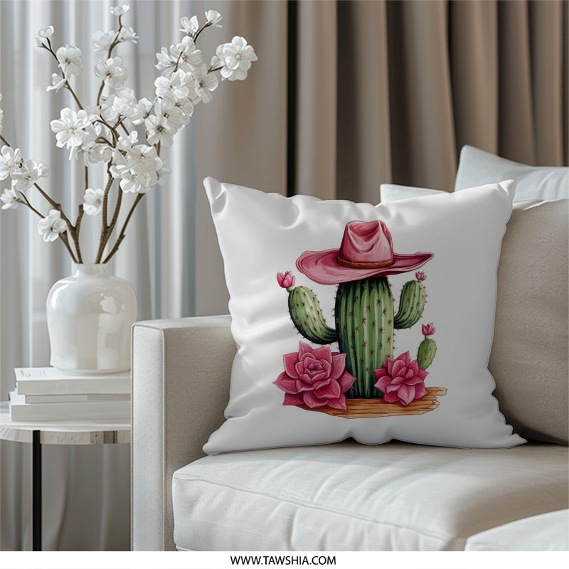 Cactus Pillow, Pink Cowboy Hat, Floral Pillow, Southwestern Decor, Desert Pillow, Western Theme, Home Decor, Throw Pillow, Decorative Pillow - Tawshia