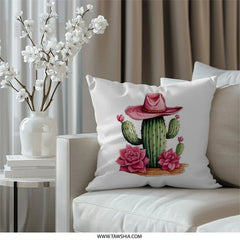 Cactus Pillow, Pink Cowboy Hat, Floral Pillow, Southwestern Decor, Desert Pillow, Western Theme, Home Decor, Throw Pillow, Decorative Pillow - Tawshia