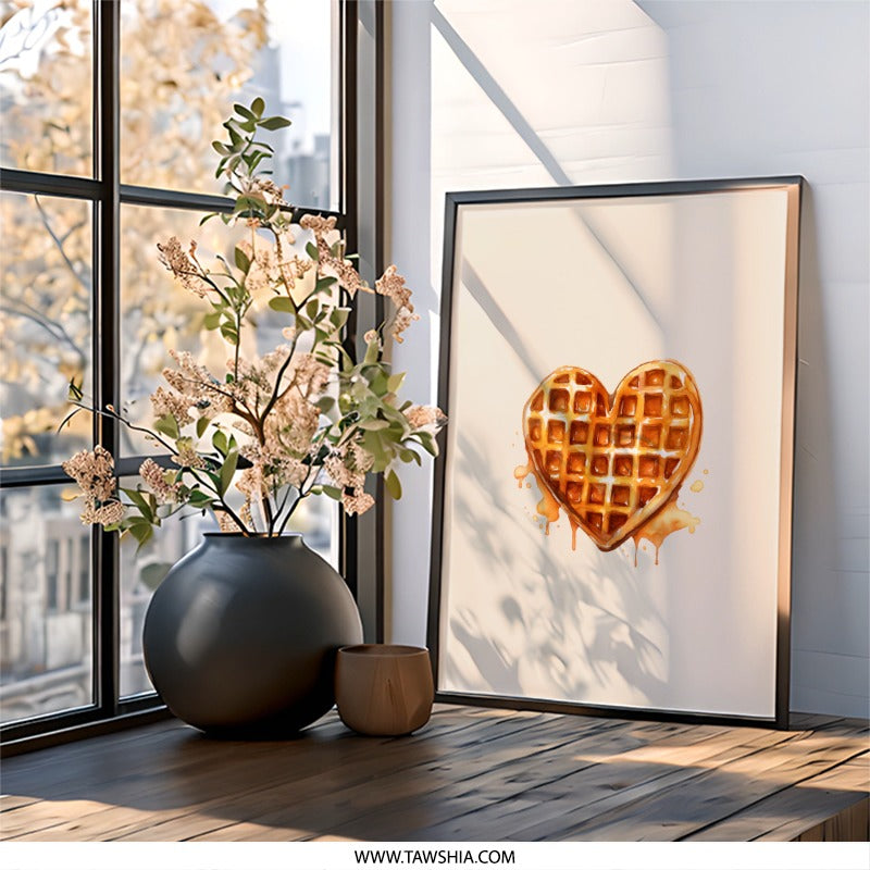 Heart Waffle Wall Art, Foodie Print, Breakfast Lover Gift, Kitchen Decor, Sweet Treat Art, Whimsical Home Decor - Tawshia