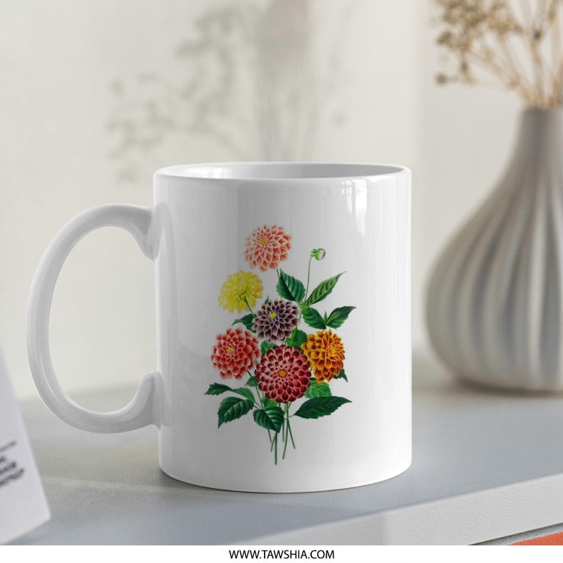 Dahlia Flower Bouquet Mug, Floral Mug, Garden Flower Mug, Botanical Mug, Colorful Flower Mug, Gift for Gardener, Coffee Mug, Tea Mug - Tawshia
