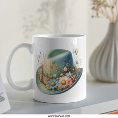 Floral Hat Art Mug, Unique Botanical Gift, Butterfly Garden Coffee Cup, Spring Design Drinkware, Whimsical Tea Mug, Artistic Ceramic Mug - Tawshia