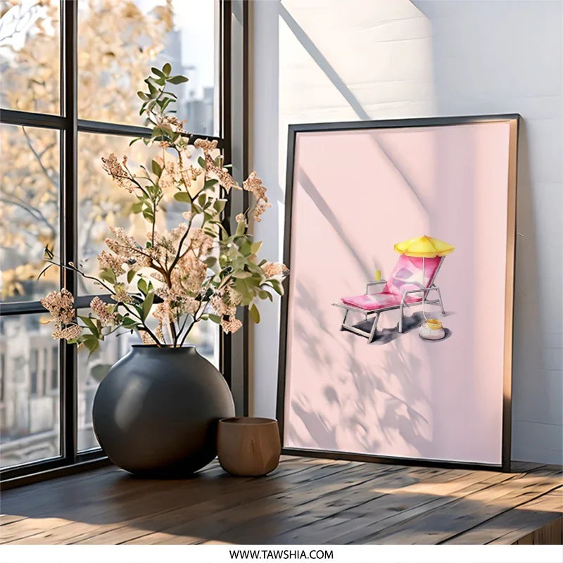 Beach Chair Wall Art, Summer Vibes Print, Tropical Relaxation Decor, Pink and Yellow Art, Vacation Getaway Poster, Dreamy Beach Scene - Tawshia