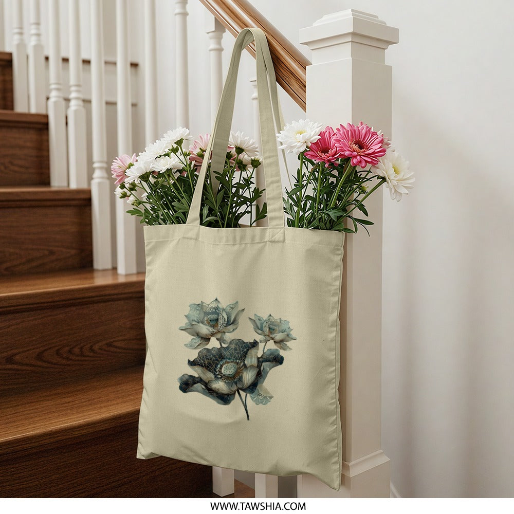 Lotus Flower Tote Bag, Floral Design, Botanical Print, Stylish Shopping Bag, Everyday Tote, Nature Lover Gift, Unique Gift Idea - Tawshia