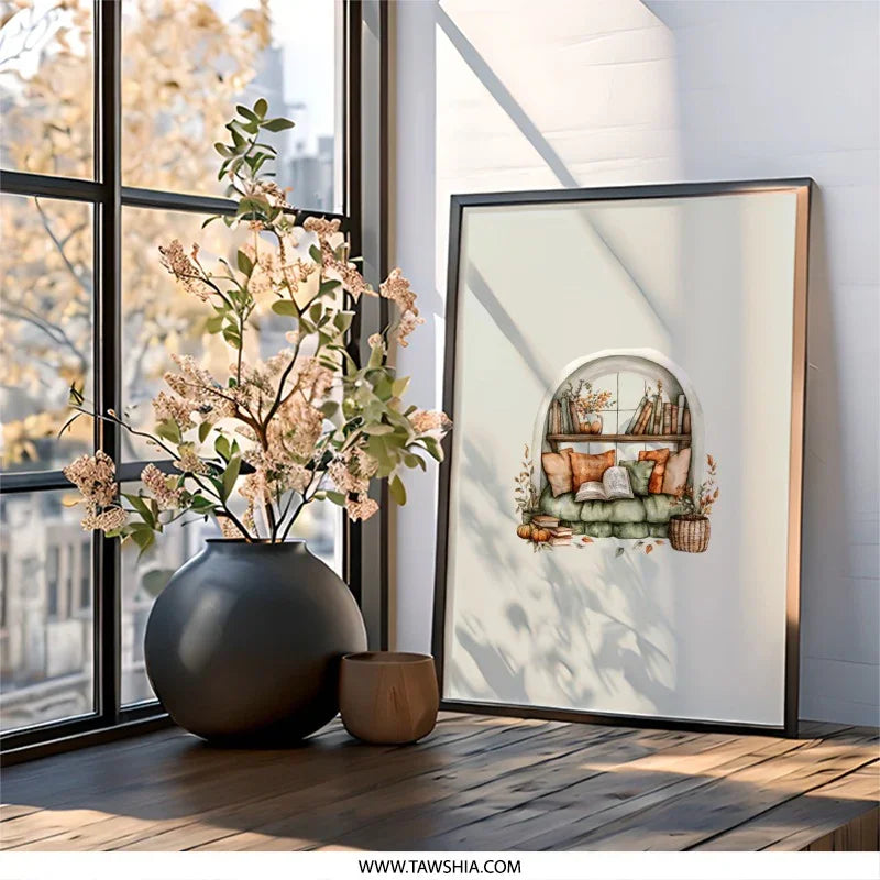 Cozy Reading Nook Wall Art, Window Seat Books, Fall Decor, Autumn Theme, Home Library Art, Cozy Home Print, Book Lover Gift - Tawshia