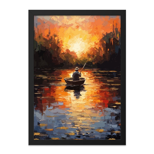 Fishing at Sunset Wall Art, Lake Painting Print, Impressionist Fisherman Artwork, Peaceful Boat Ride Decor, Colorful Landscape Wall Art - Tawshia