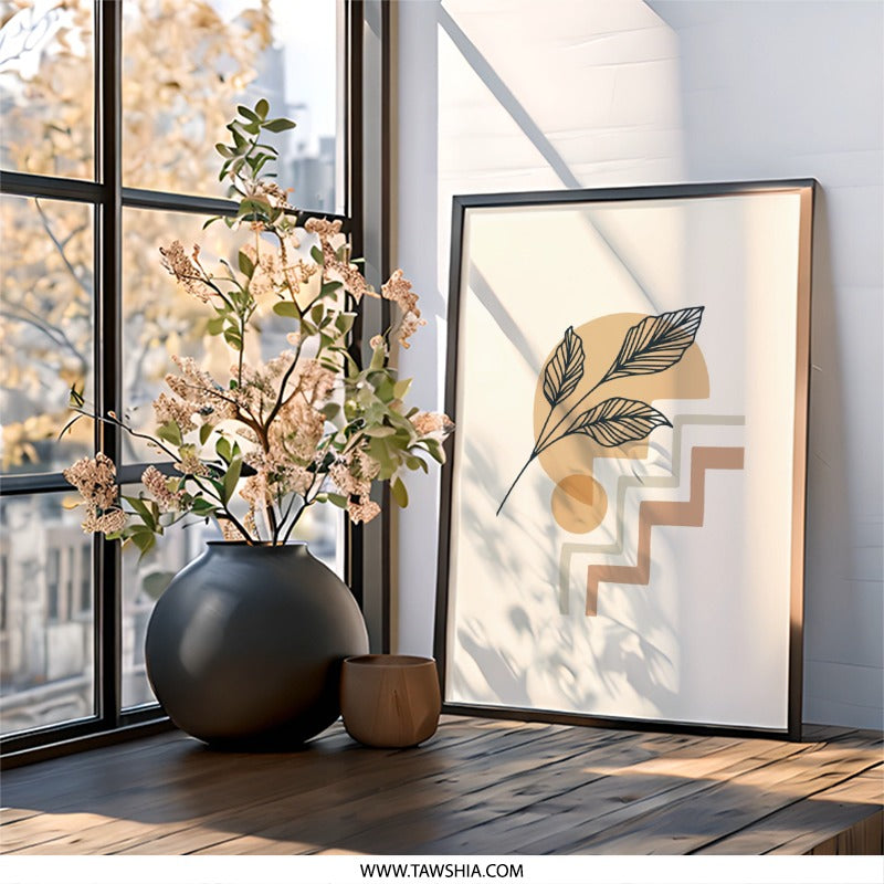 Minimalist Leaves Wall Art, Geometric Shapes Print, Neutral Tone Decor, Modern Abstract Art, Home Decor Wall Art - Tawshia