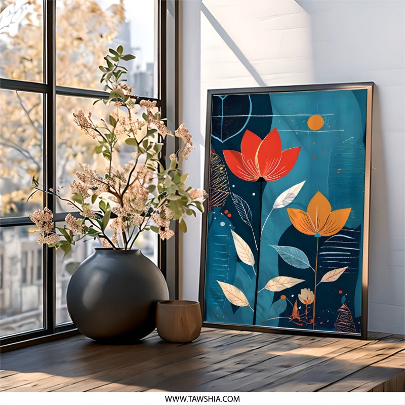 Floral Wall Art, Abstract Flowers Print, Botanical Art, Modern Wall Decor, Home Decor, Flower Illustration, Red Orange Floral Art - Tawshia