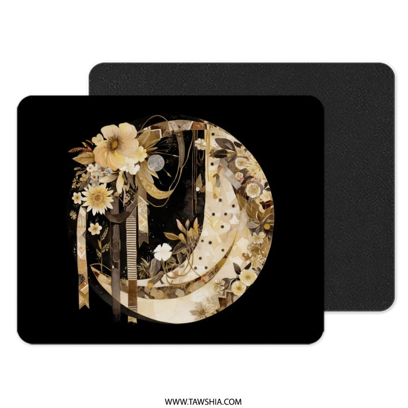 Floral Crescent Moon Mouse Pad, Celestial Art Desk Decor, Boho Office Gift Idea, Crescent Moon Art, Lunar Mousepad, Elegant Mouse Pad - Tawshia