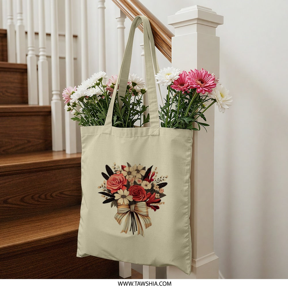 Floral Bouquet Tote Bag, Rose Flower Bag, Botanical Tote, Elegant Gift Bag, Shopping Bag, Everyday Tote, Stylish Floral Tote Bag - Tawshia