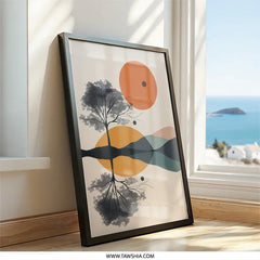 Minimalist Landscape Wall Art, Tree Reflection Print, Geometric Sunset Poster, Modern Nature Decor, Abstract Landscape Wall Decor - Tawshia
