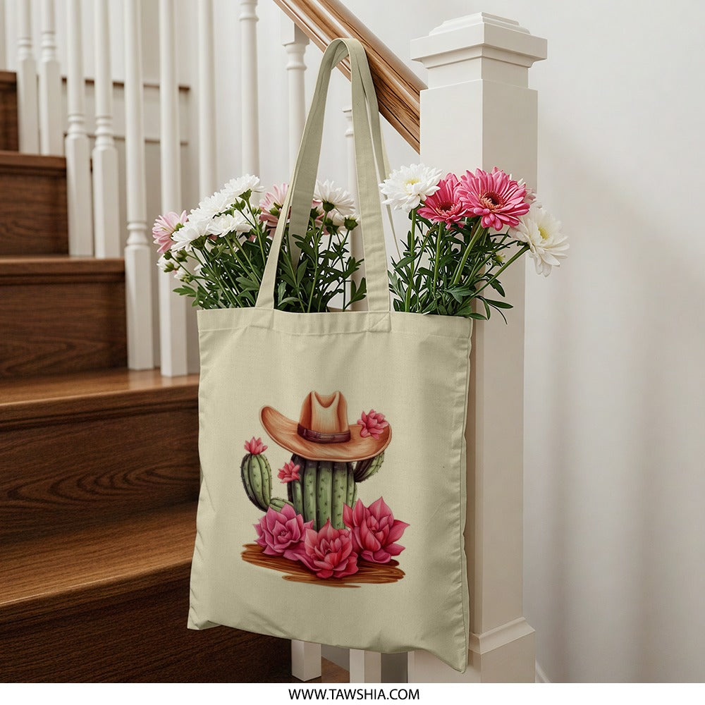 Cactus Tote Bag, Western Decor, Floral Tote Bag, Cowboy Hat Tote Bag, Southwestern Style, Cute Reusable Bag, Gift for Her - Tawshia