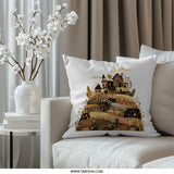 Whimsical Village Pillow, Hillside Homes Design, Unique Home Decor, Artistic Accent Pillow, Charming Illustration Pillow - Tawshia