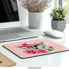 Cactus MousePad, Floral Mouse Pad, Pink Cowboy Hat, Desert Decor, Western Mousepad, Botanical Desk Accessory, Office Gift, Cute Mousepad - Tawshia