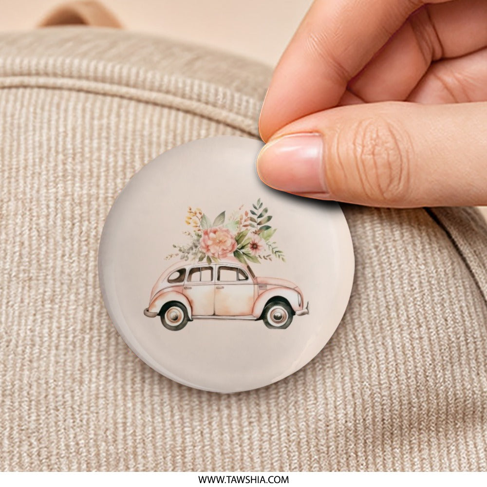 Pink Car Pinback Button, Floral Car Button, Vintage Car Button, Flower Car Pin, Cute Car Badge, Retro Car Pinback, Car Lover Gift - Tawshia