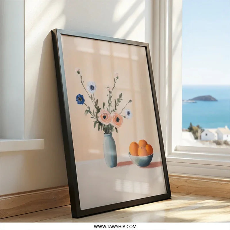 Floral Wall Art, Still Life Print, Orange Fruit Art, Vase of Flowers Poster, Modern Home Decor, Kitchen Wall Art, Botanical Art Print - Tawshia