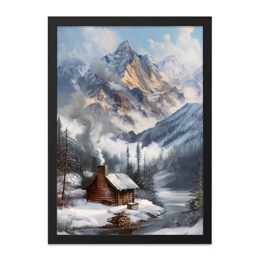 Winter Cabin Wall Art, Mountain Landscape Painting, Snowy Lodge Print, Rustic Home Decor, Winter Wonderland Art - Tawshia