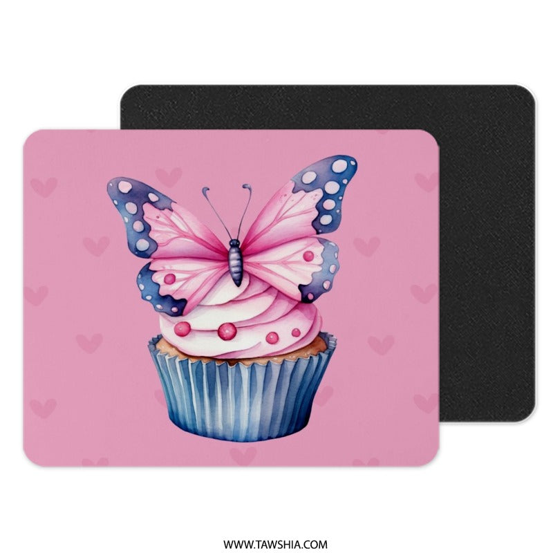 Butterfly Cupcake MousePad, Pink Hearts Desk Accessory, Cute Girly Office Decor, Sweet Treat Gift Idea, Whimsical Mouse Pad - Tawshia