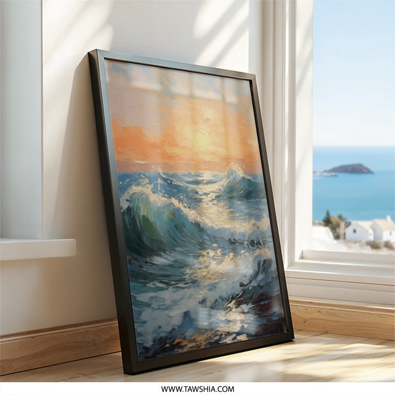 Ocean Waves Wall Art, Sunrise Seascape Painting, Coastal Decor Print, Impressionist Style Artwork, Home Decor - Tawshia