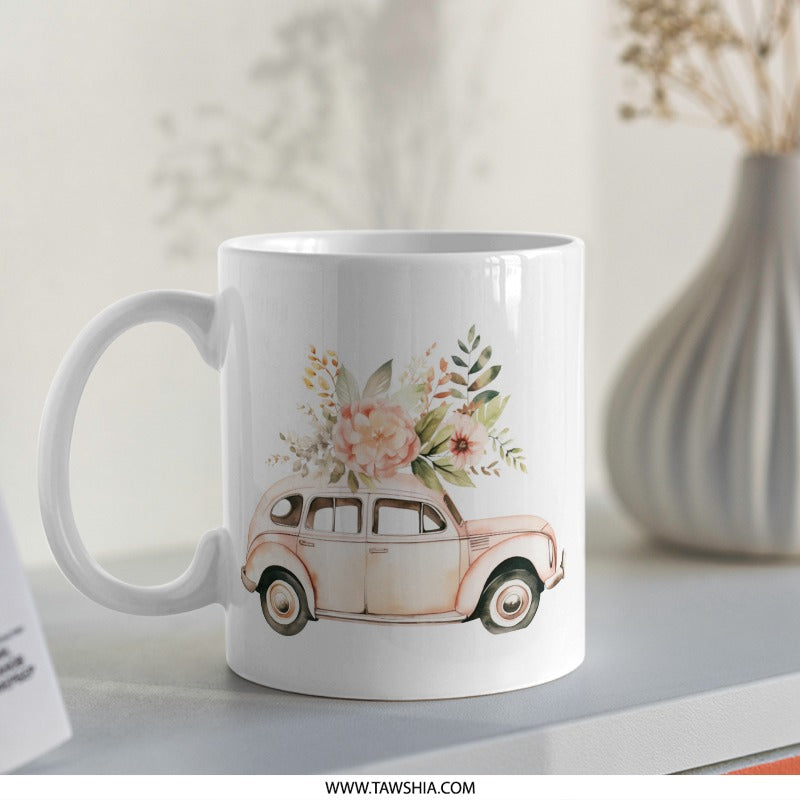 Floral Car Mug, Vintage Vehicle, Flower Bouquet, Cute Mug, Retro Car Art, Coffee Mug, Tea Cup, Gift Idea - Tawshia