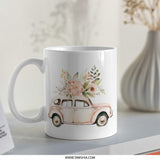 Floral Car Mug, Vintage Vehicle, Flower Bouquet, Cute Mug, Retro Car Art, Coffee Mug, Tea Cup, Gift Idea - Tawshia