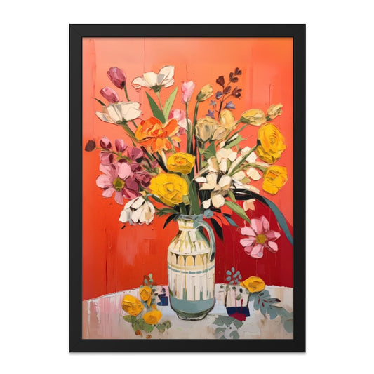 Floral Still Life Wall Art, Colorful Flower Bouquet Print, Orange Background Artwork, Modern Home Decor, Vase Painting, Botanical Wall Art - Tawshia