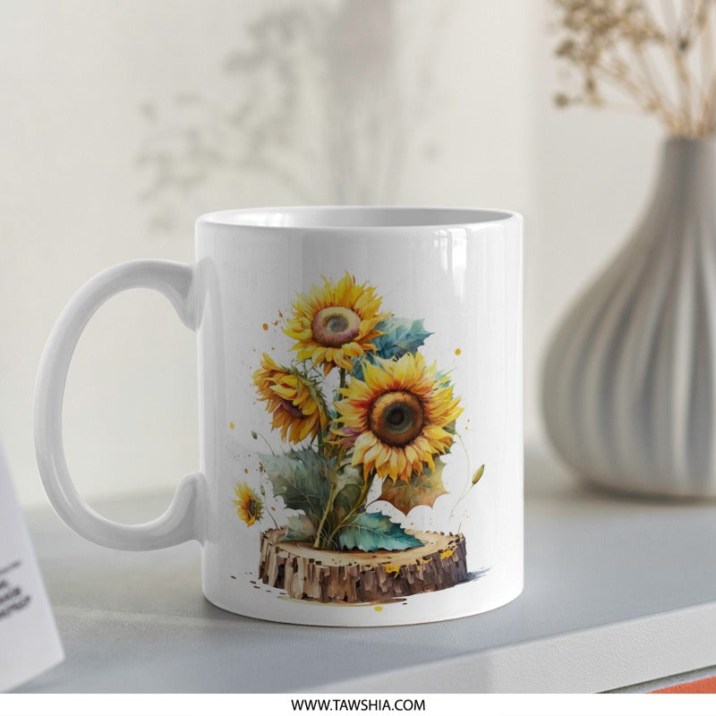 Sunflower Mug, Watercolor Floral Mug, Rustic Wood Slice Art, Coffee Mug, Tea Cup, Gift for Her, Flower Lover Gift, Unique Design Mug - Tawshia