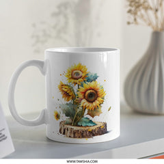 Sunflower Mug, Watercolor Floral Mug, Rustic Wood Slice Art, Coffee Mug, Tea Cup, Gift for Her, Flower Lover Gift, Unique Design Mug - Tawshia