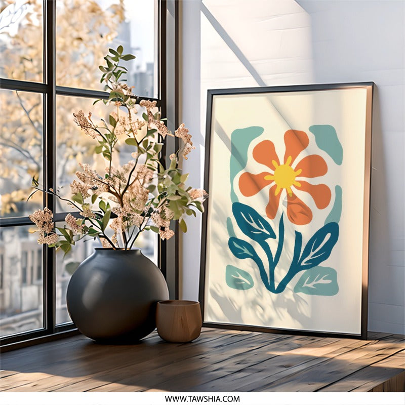 Orange Flower Wall Art, Floral Print, Retro Flower Decor, Mid Century Modern Flower Wall Decor, Botanical Wall Hanging, Home Decor - Tawshia
