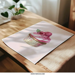 Watercolor Cupcake Photographic Prints, Dessert Food Art, Raspberry Cupcake Wall Decor, Kitchen Art Prints, Pink Cupcake Art - Tawshia