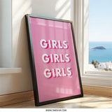 Girls Girls Girls Wall Art, Pink Wall Decor, Girly Room Decor, Typography Print, Trendy Wall Decor, Statement Wall Art (139 characters) - Tawshia