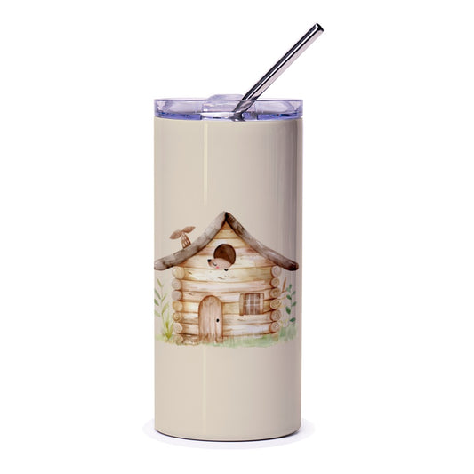 Log Cabin Tumbler, Cute Animal Tumbler, Hedgehog Tumbler, Gift for Nature Lover, Forest Tumbler, Outdoorsy Gift, Cottagecore Decor - Tawshia