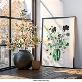 Black Floral Wall Art, Green Vase Print, Minimalist Flower Art, Modern Botanical Decor, Living Room Art, Housewarming Gift - Tawshia