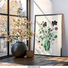 Black Floral Wall Art, Green Vase Print, Minimalist Flower Art, Modern Botanical Decor, Living Room Art, Housewarming Gift - Tawshia