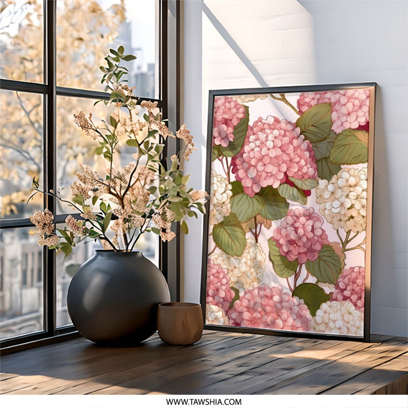 Hydrangea Wall Art, Floral Print, Botanical Wall Decor, Flower Art Print, Pink and White Hydrangeas, Home Decor, Floral Wall Hanging - Tawshia