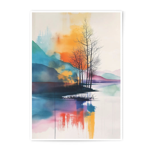 Watercolor Landscape Photographic Print, Nature Art Print, Lake and Mountain Wall Art, Abstract Landscape Painting, Home Decor Print - Tawshia
