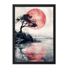Japanese Art Wall Art, Red Sun Tree Print, Zen Landscape Poster, Minimalist Home Decor, Serene Nature Artwork - Tawshia