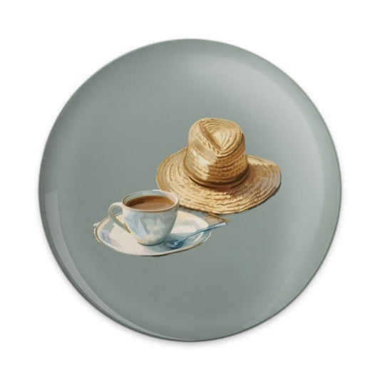 Coffee Cup Pinback Button, Straw Hat Art Button, Cafe Aesthetic Pin, Artistic Badge, Beverage Drink Pin, Hat Lover Gift, Unique Accessory - Tawshia