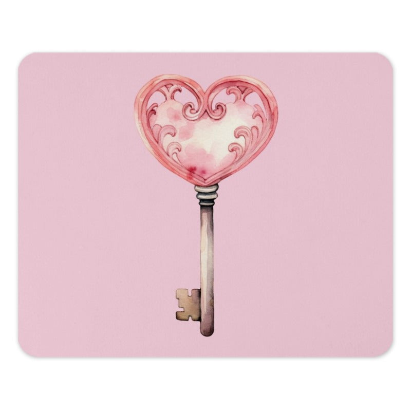 Heart Key Mouse Pad, Pink Watercolor Key, Cute Desk Accessory, Unique Computer Mat, Gift for Her, Valentines Day Gift - Tawshia