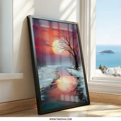 Winter Sunset Wall Art, Frozen River Reflection Print, Dramatic Sky, Fine Art Print, Home Decor, Landscape Painting, Gift Idea - Tawshia