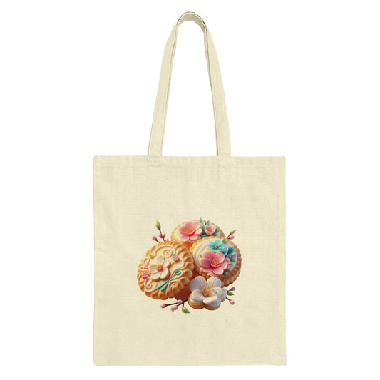 Mooncake Floral Tote Bag, Elegant Dessert Design, Unique Pattern Bag, Shopping Bag, Reusable Grocery Bag, Everyday Carry Bag - Tawshia