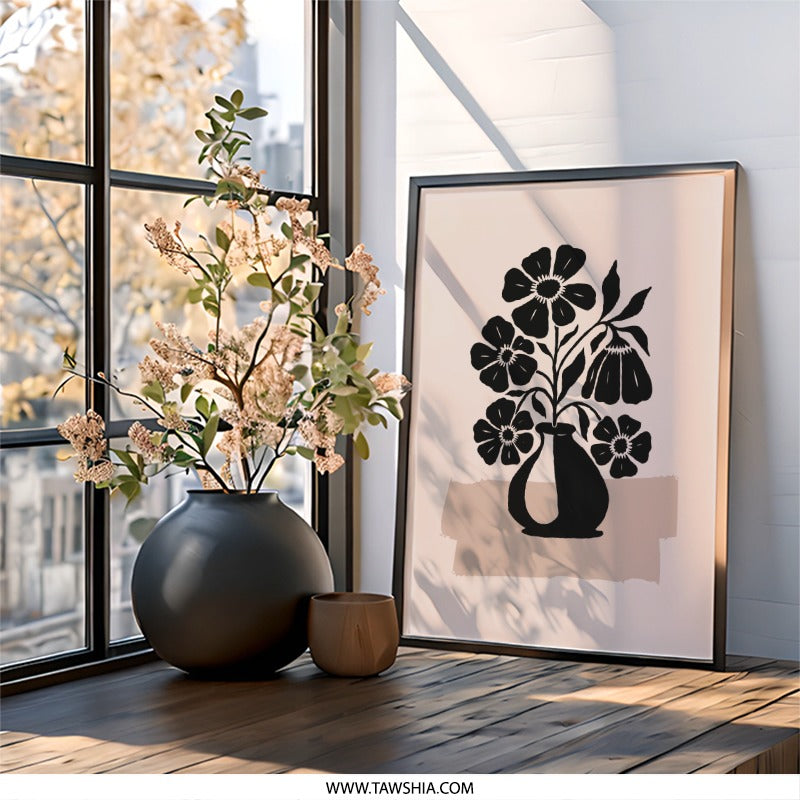 Floral Wall Art, Minimalist Flower Print, Black and Beige Poster, Modern Home Decor, Abstract Floral Art - Tawshia